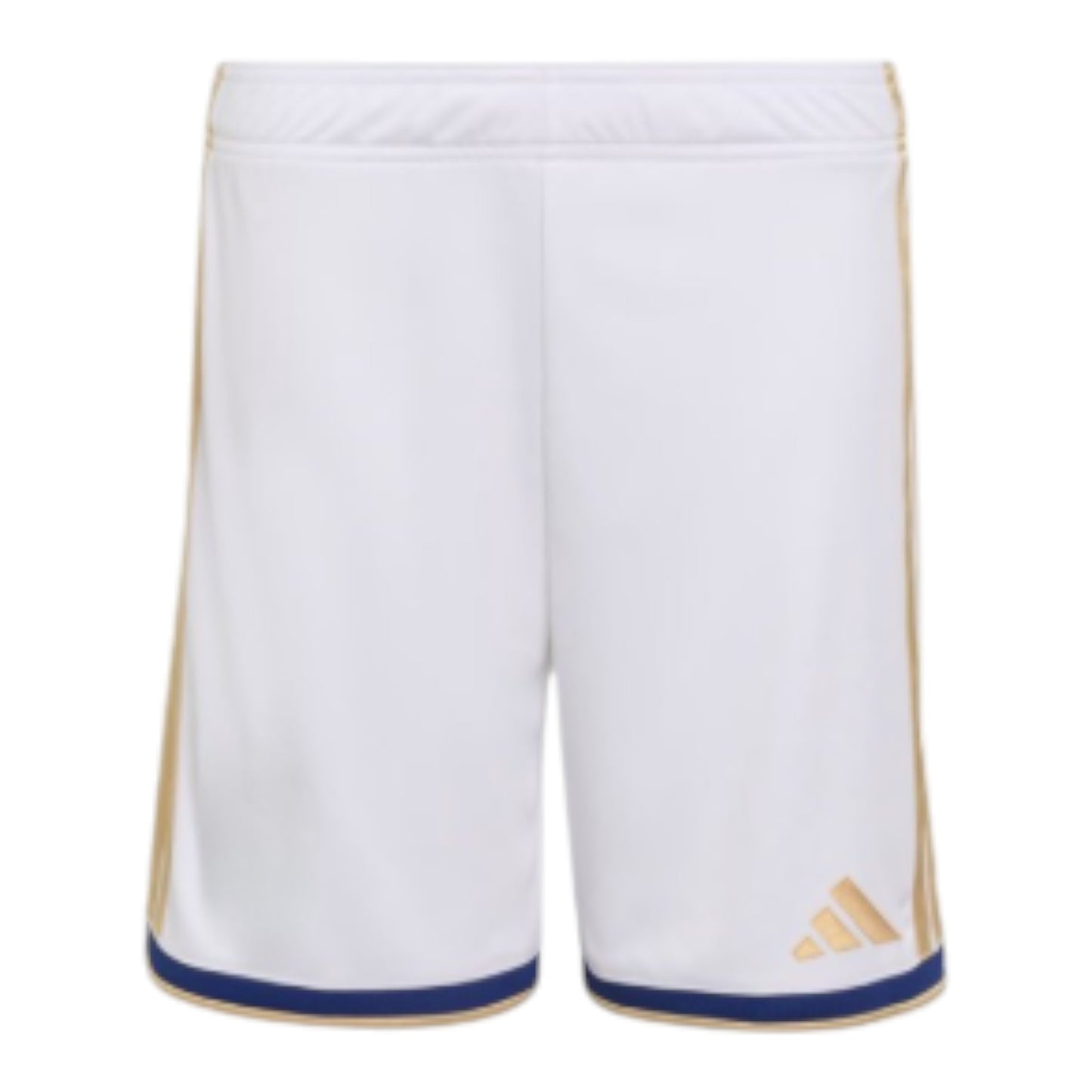 GOATkitz kids' white Adidas soccer shorts with gold and blue trim, size 16-28, customizable with badges.