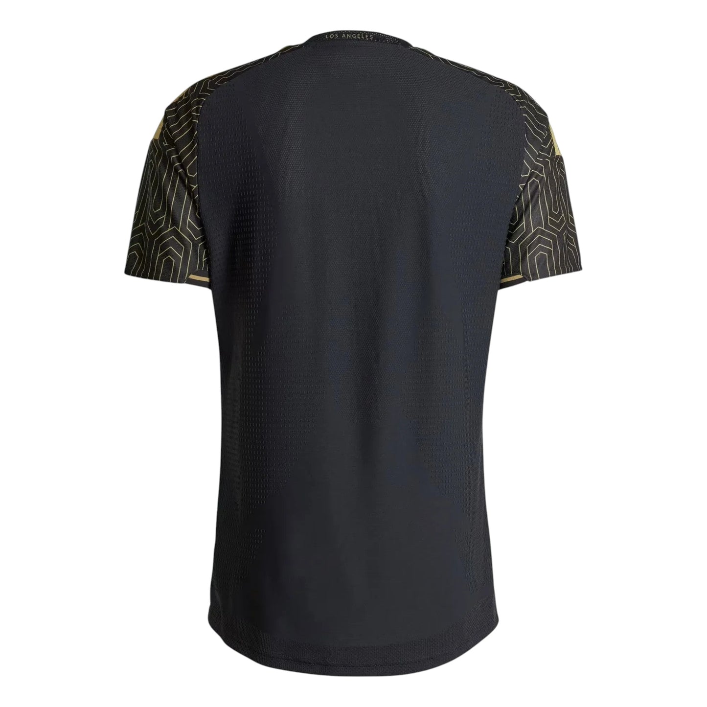GOATkitz LAFC 2025-26 adult home jersey in black with gold geometric pattern on sleeves. Customizable.