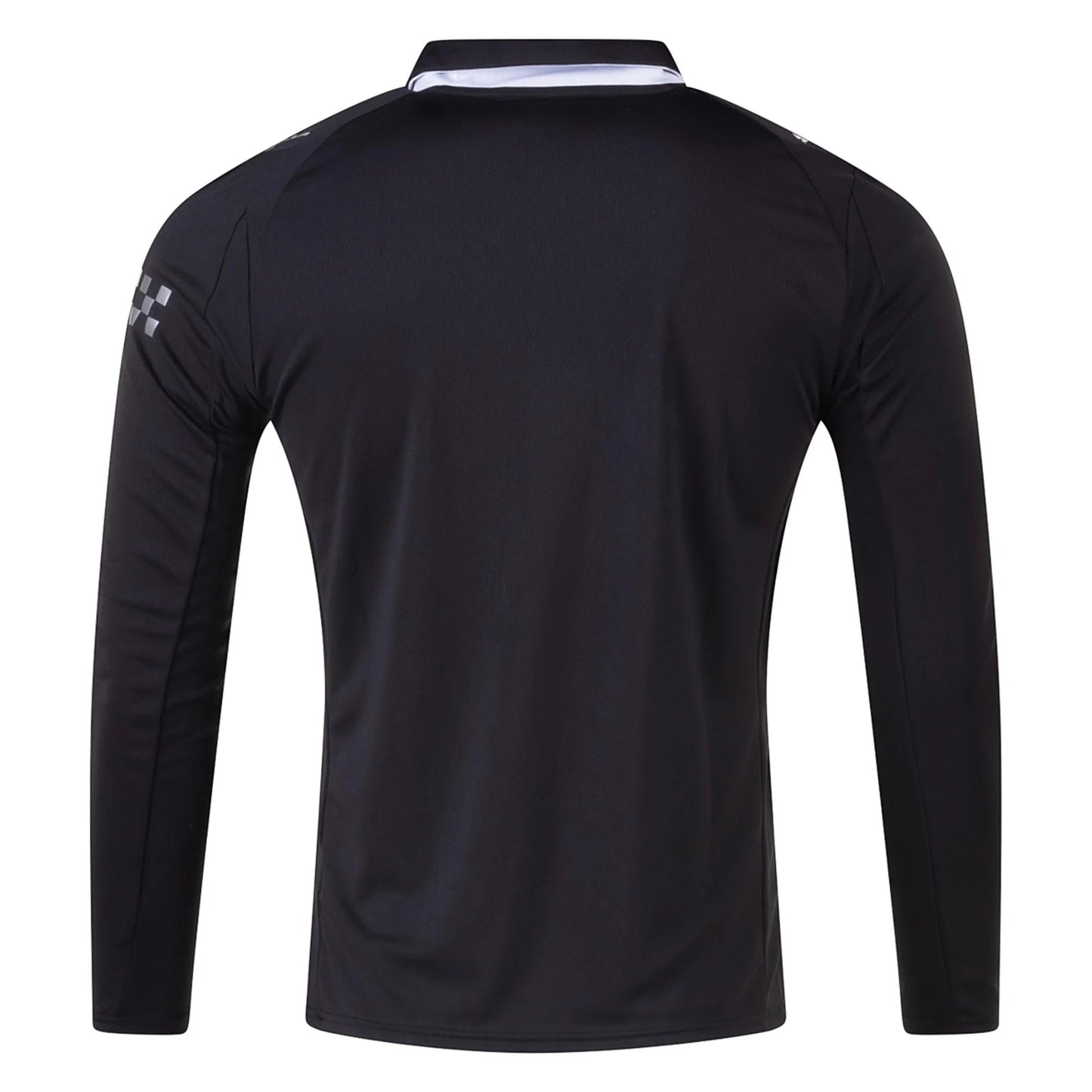 GOATkitz Manchester City 2025-26 adult away long sleeve jersey, black, with white collar trim and checkered detail on shoulders.