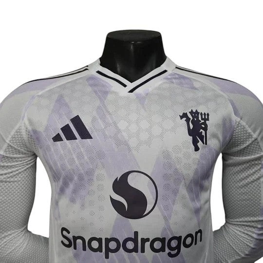 GOATkitz Manchester United 2025-26 white and purple long sleeve player version away jersey with custom name and number option.