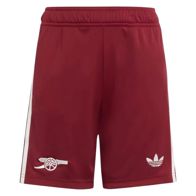 GOATkitz Arsenal 2025-26 kids third jersey shorts in maroon with white side stripes and embroidered club crest and Adidas logo.