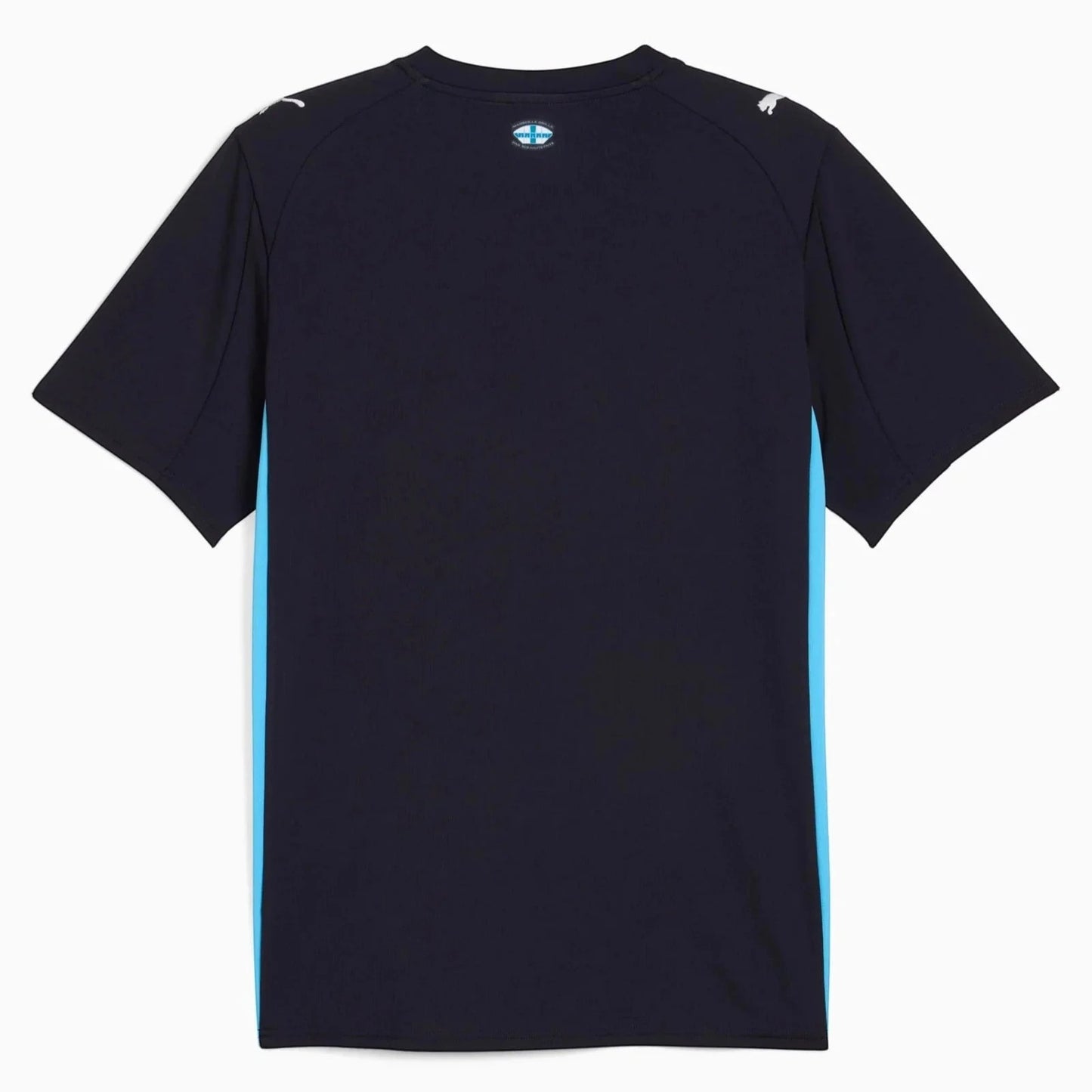 GOATkitz Olympique de Marseille 2025-26 adult away jersey, dark navy with light blue side stripes and team crest.