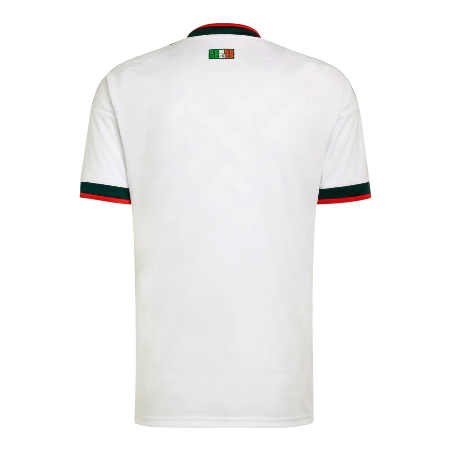 GOATkitz Mexico 2026 adult away jersey, white with green and red trim on collar and sleeves. Features a Mexico crest detail on the back.