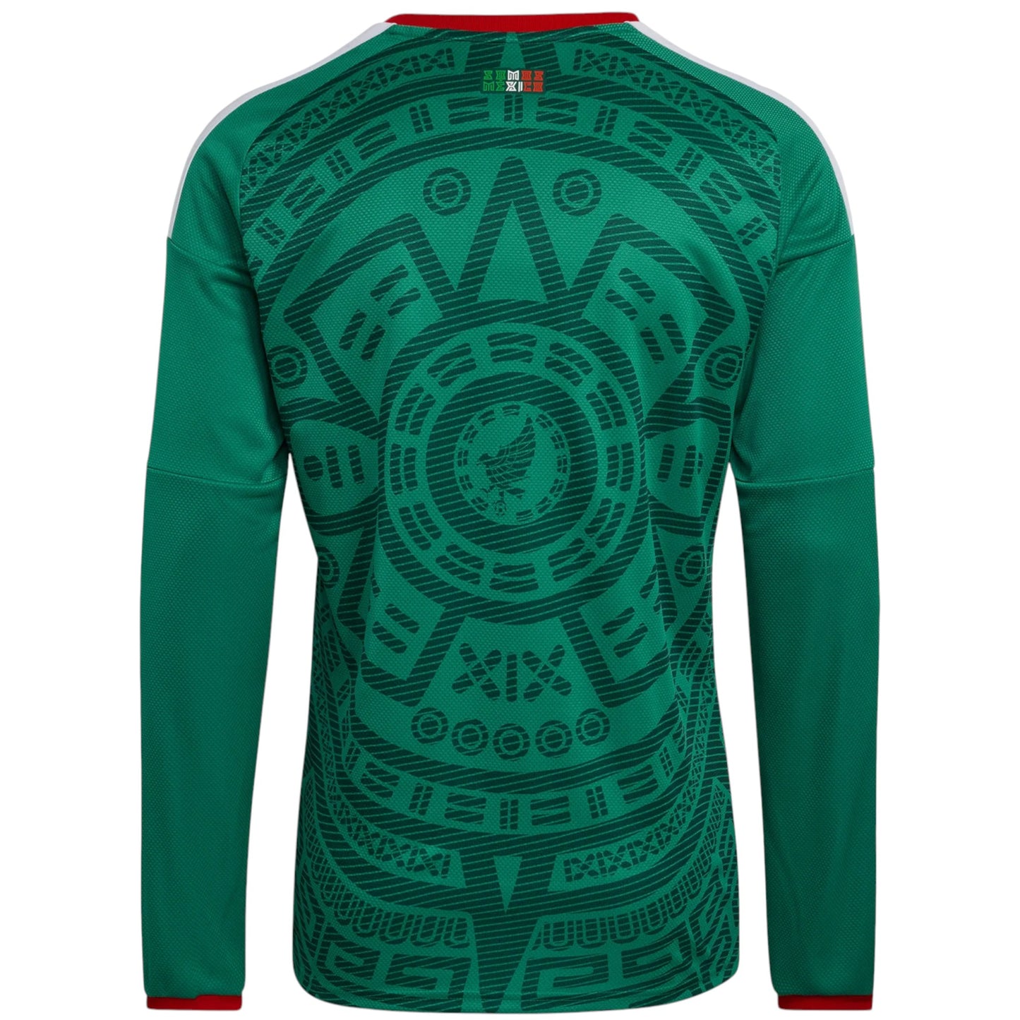 GOATkitz Mexico 2026 long sleeve adult home jersey in green with Aztec-inspired print and white stripes on sleeves.
