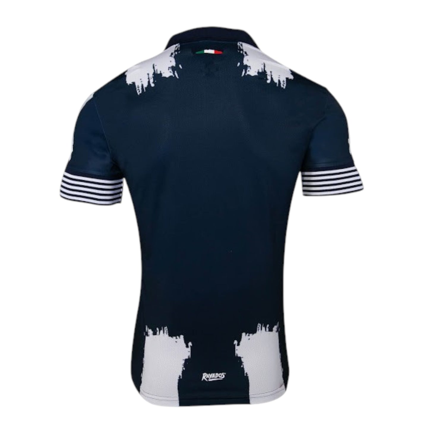 GOATkitz Monterrey 2025 Club World Cup home jersey, dark blue with white abstract paint-splatter design on shoulders and hem, striped cuffs.