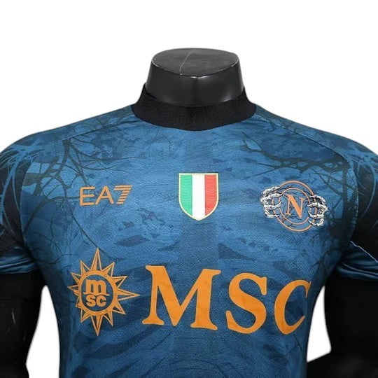 GOATkitz Napoli 2025-26 Halloween dark blue player version jersey with custom name/number option and badges.