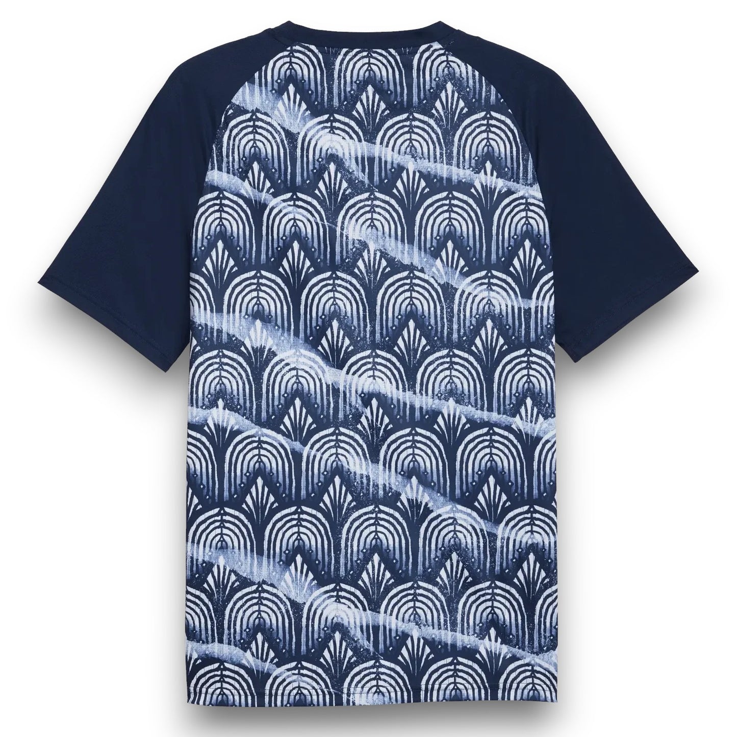 GOATkitz navy blue training jersey with a repeating art deco fan pattern in white and blue. Raglan sleeves.