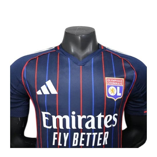 GOATkitz Olympique Lyonnais 2025-26 player version away jersey, navy with red and blue vertical stripes, Adidas logo, Emirates Fly Better sponsor.