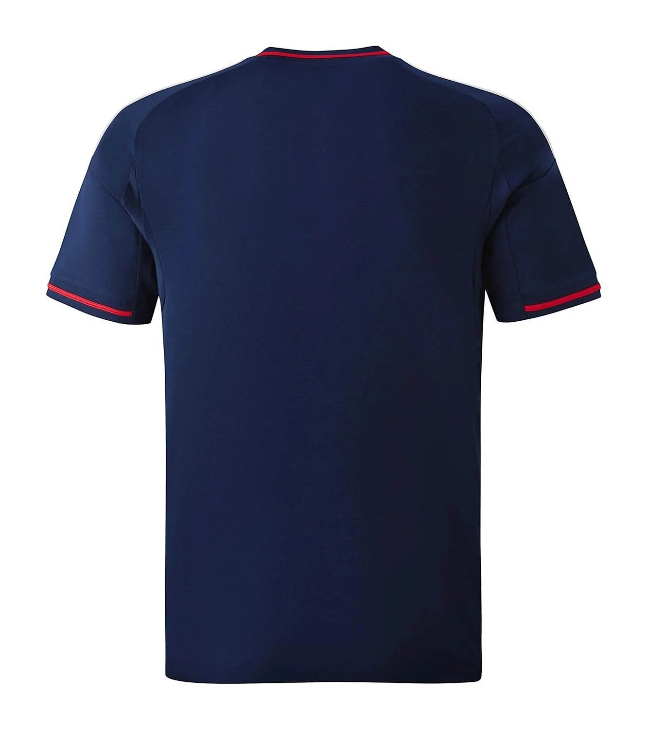 GOATkitz Olympique Lyonnais 2025-26 adult away jersey in navy blue with red trim on collar and sleeves. Customizable fan version.