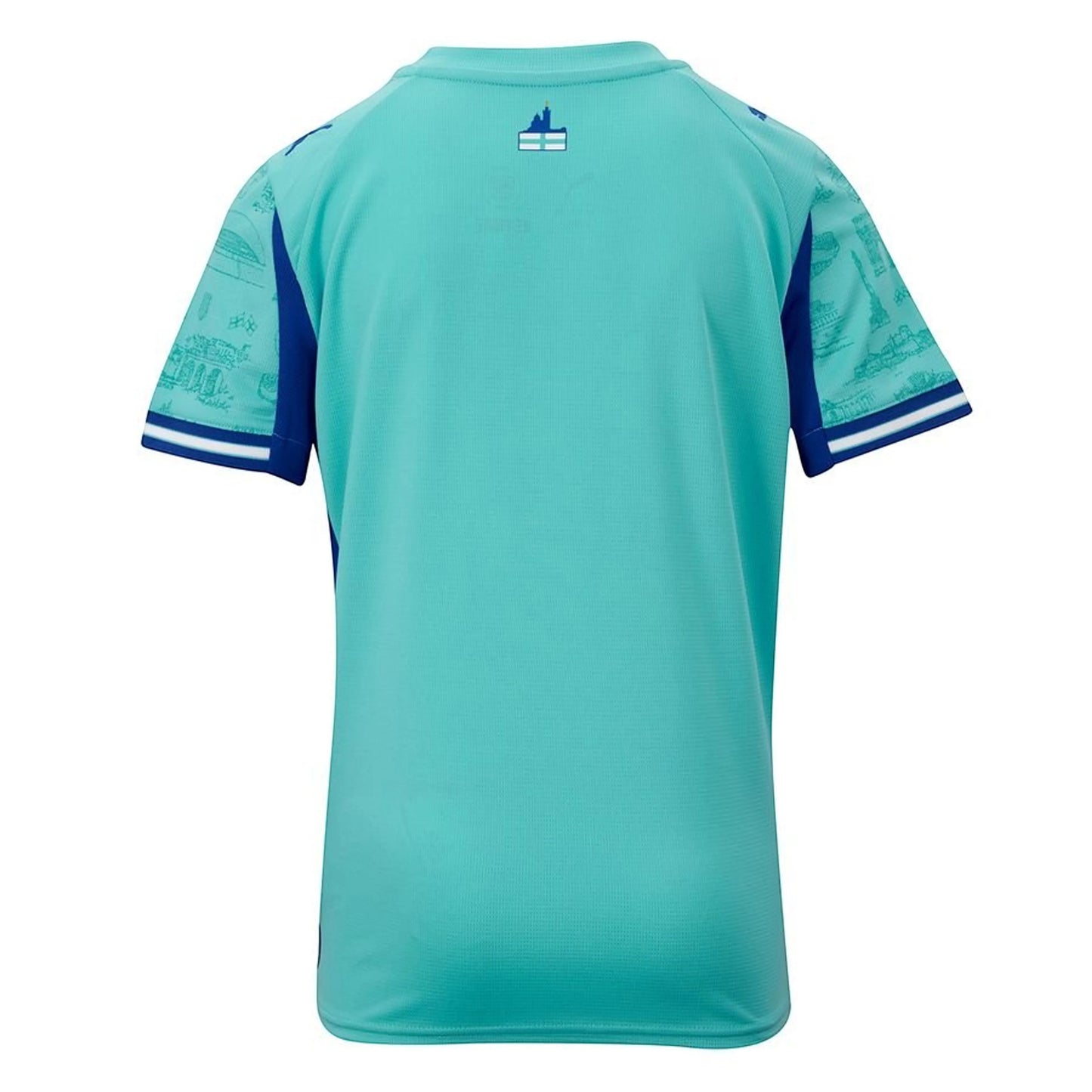 GOATkitz Olympique de Marseille 2025-26 adult goalkeeper jersey in teal with blue accents and sleeve graphics.