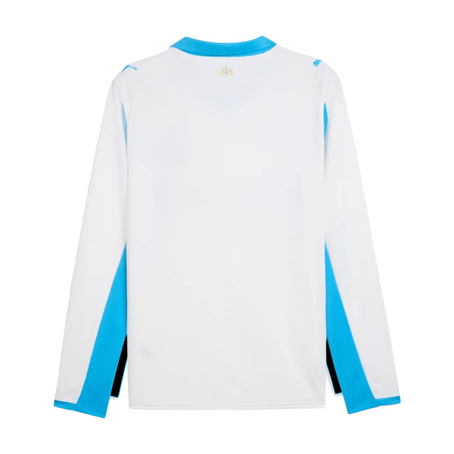 GOATkitz Olympique de Marseille 2025-26 adult home long sleeve jersey in white with blue accents. Customizable.