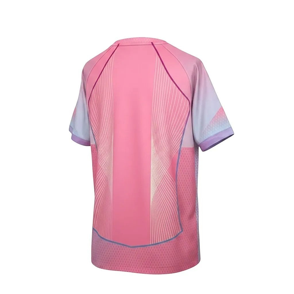 GOATkitz Barcelona pink concept kids jersey with abstract white lines and purple trim. Short sleeves with light blue and purple accents.