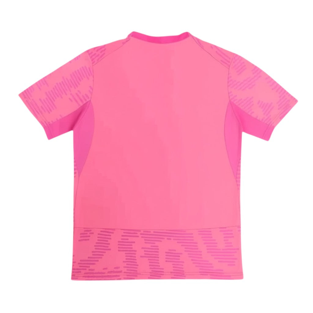 GOATkitz Portugal 2026 pink goalkeeper jersey with patterned sleeves and hem. Customizable fan version.