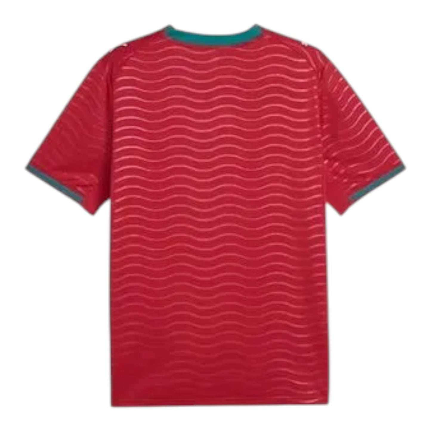 GOATkitz Portugal 2026 Adult Home Jersey, red with wave pattern and teal trim. Customizable fan version.