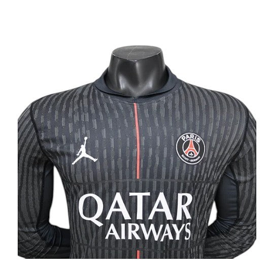 GOATkitz PSG 2025-26 black long sleeve player version jersey with Jordan logo and Qatar Airways sponsor.