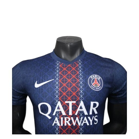 GOATkitz Paris Saint-Germain 2025-26 navy blue player version football jersey with red and white accents.