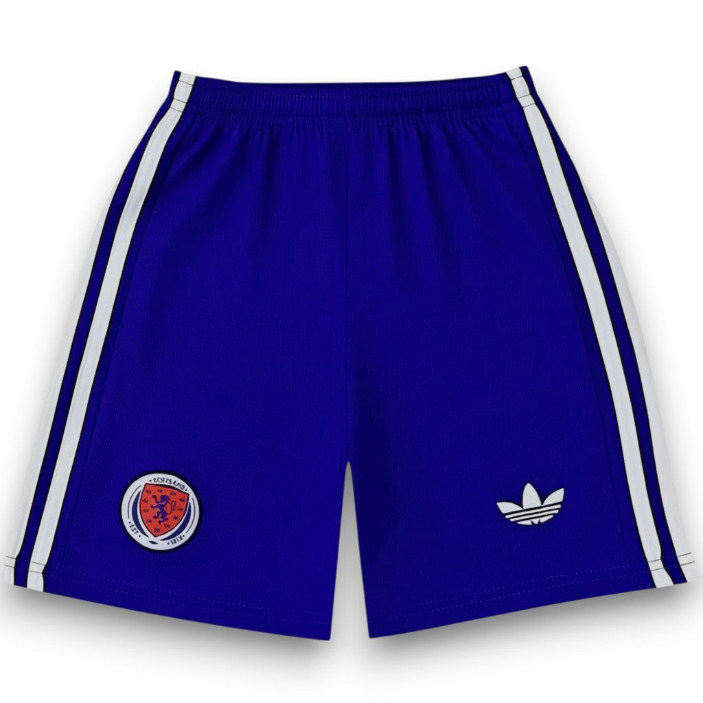 GOATkitz purple kids' soccer shorts with white stripes and Scotland crest on left leg.