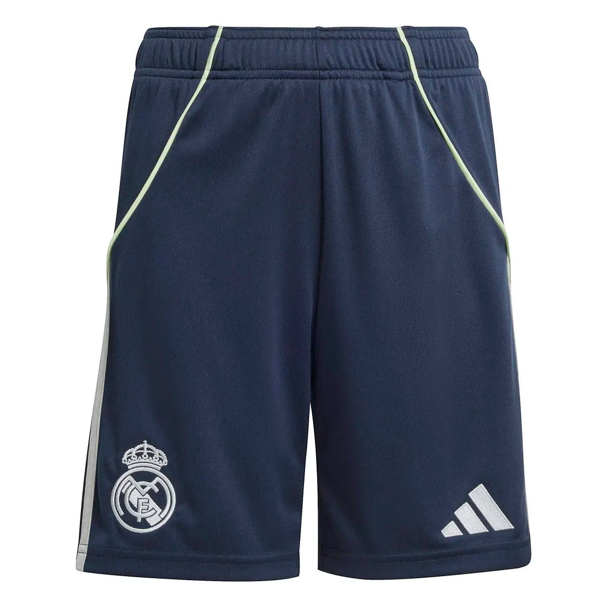 GOATkitz Real Madrid 2025-26 kids away navy blue football shorts with white trim and embroidered crest.
