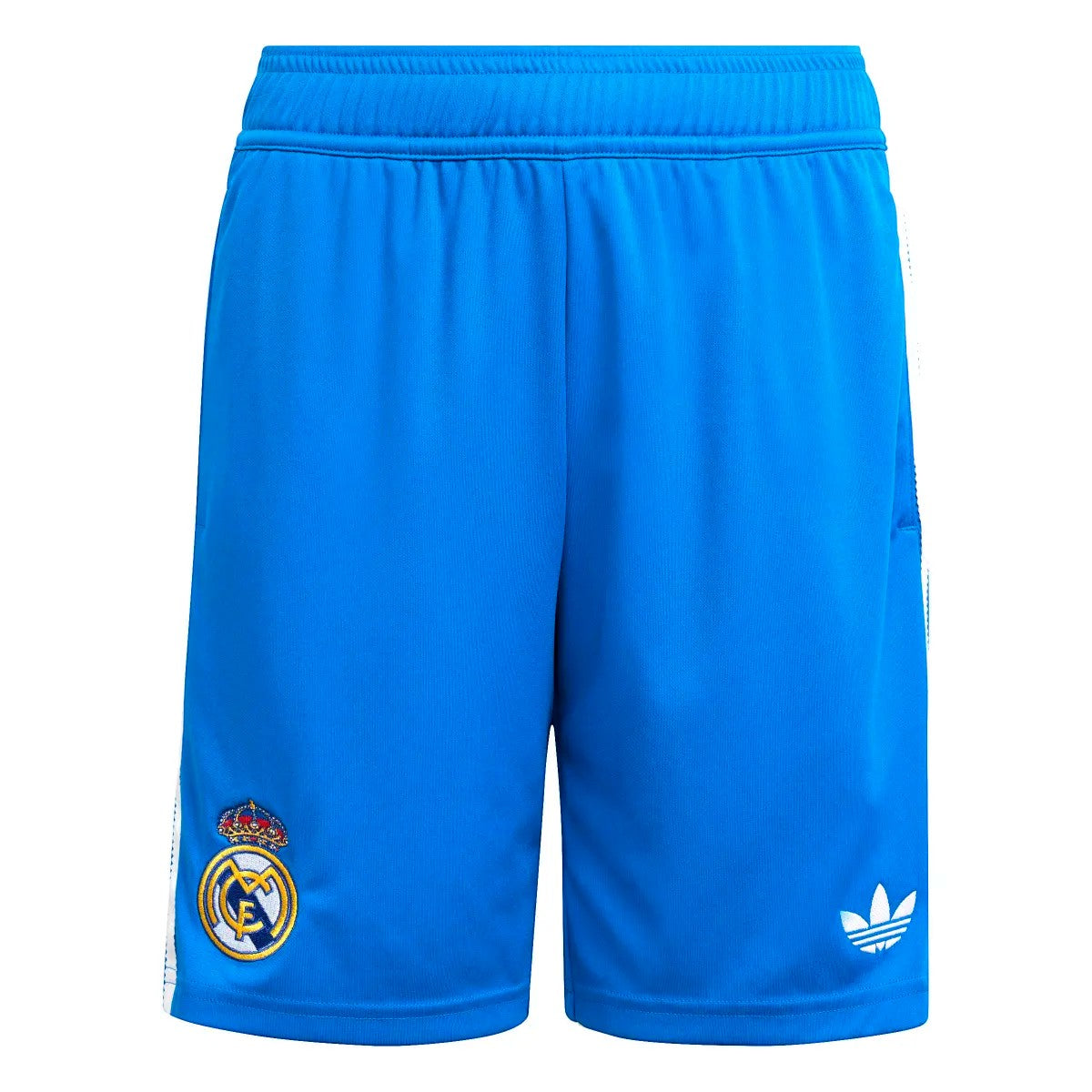 GOATkitz Real Madrid 2025-26 kids blue soccer shorts with embroidered crest and Adidas logo. Elastic waistband.