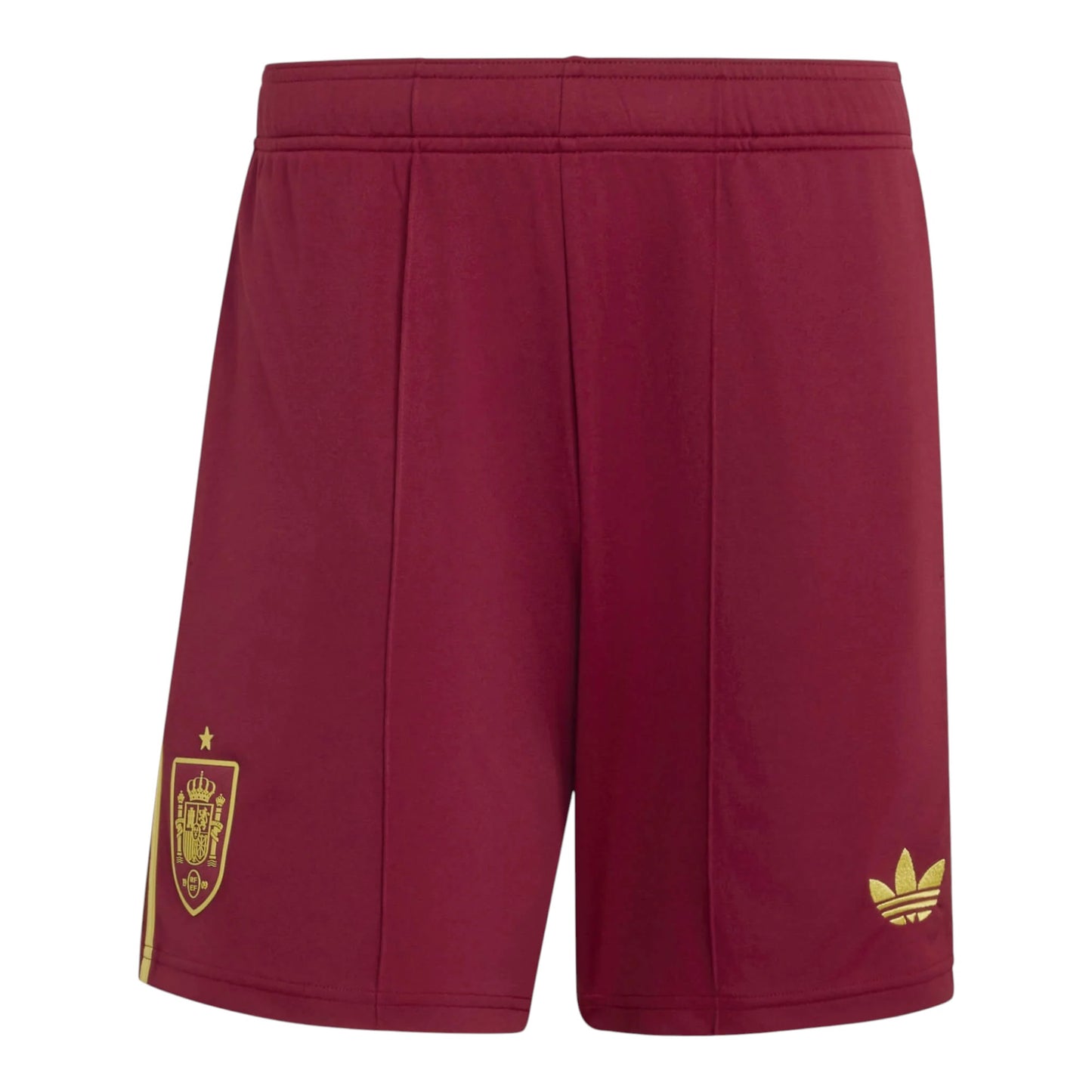 GOATkitz kids' maroon Spain 2026 away shorts with gold crest and Adidas logo. Elastic waistband.