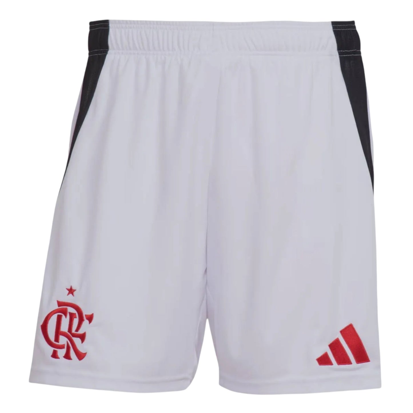 GOATKitz white kids' soccer shorts with red Flamengo crest and Adidas logo, featuring black side panels.