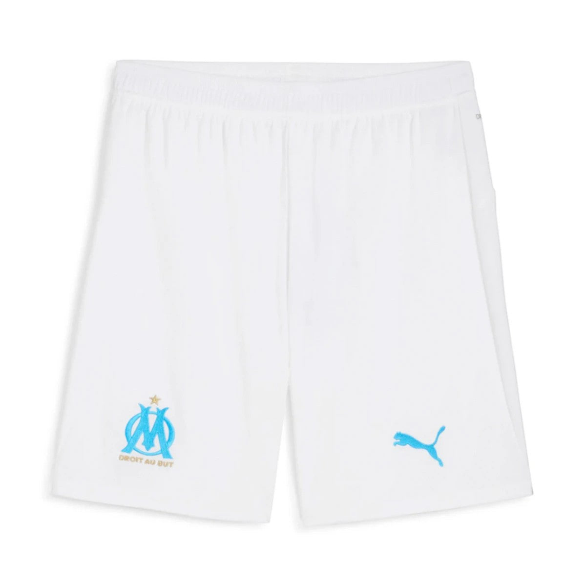 GOATkitz Olympique de Marseille 2025-26 kids white football shorts with blue logos and Puma branding.