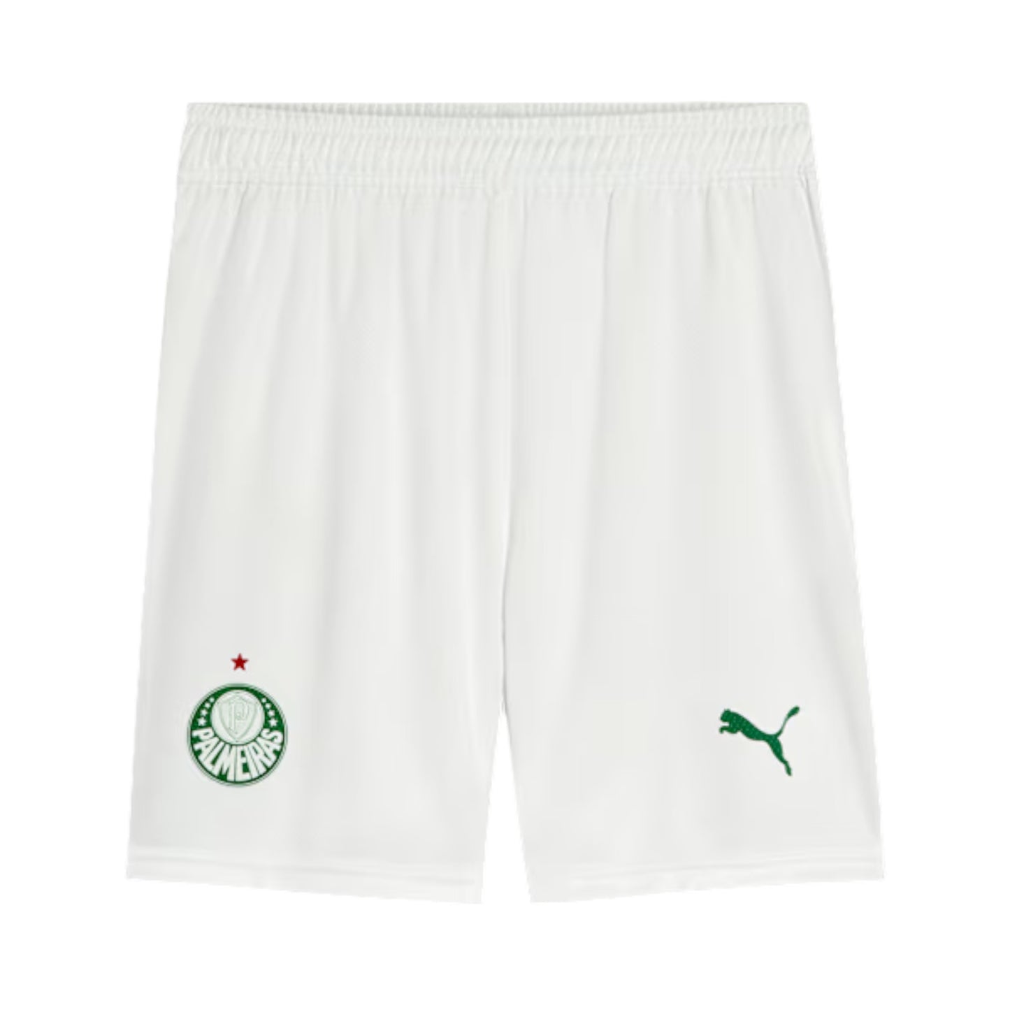 GOATkitz white kids' soccer shorts with green Palmeiras crest and Puma logo. Elastic waistband for comfort.