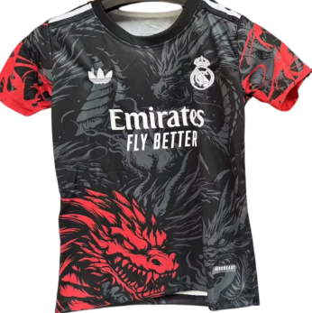 Real Madrid 2025-26 Black & Red Dragon Kids Jersey + Shorts – Sizes 16–28 – Custom Name & Number, Select Badges
