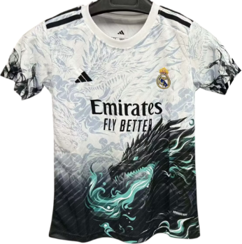 Real Madrid 2025-26 Black & White Dragon Kids Jersey + Shorts – Sizes 16–28 – Custom Name & Number, Select Badges