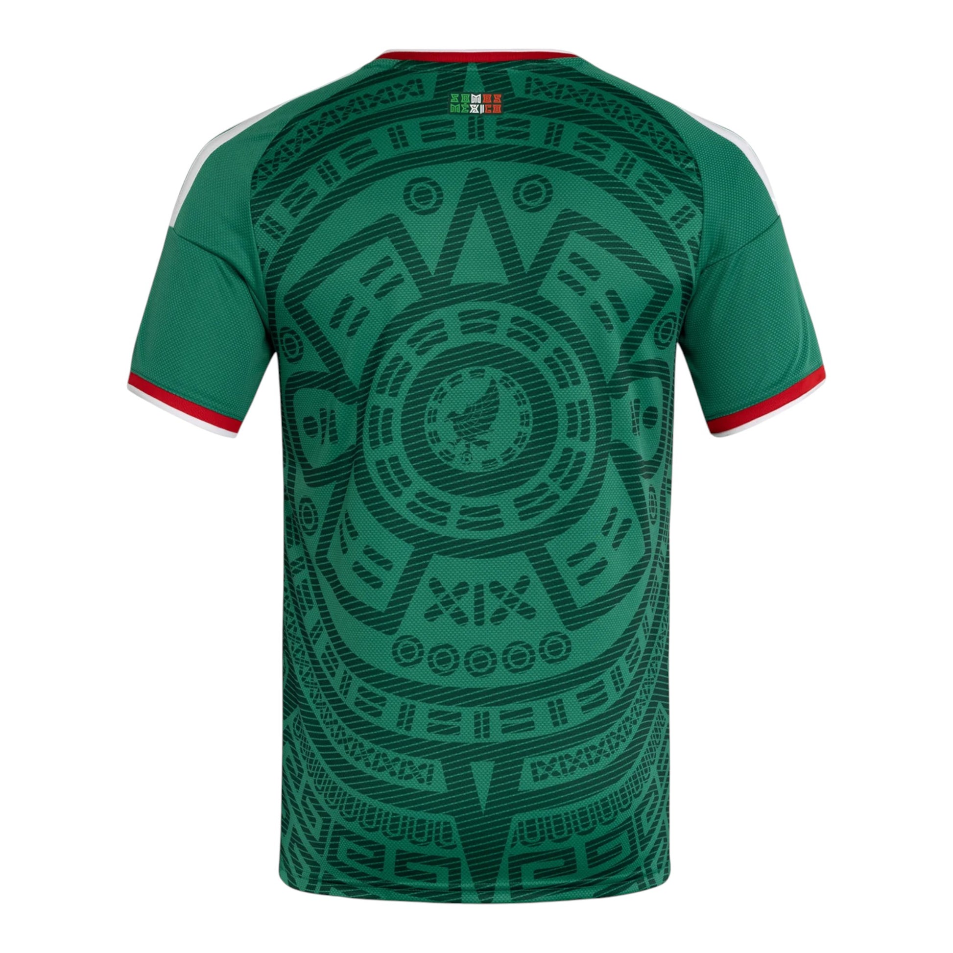 GOATkids Mexico 2026 kids home jersey in green with Aztec-inspired print and white/red trim. Back view.