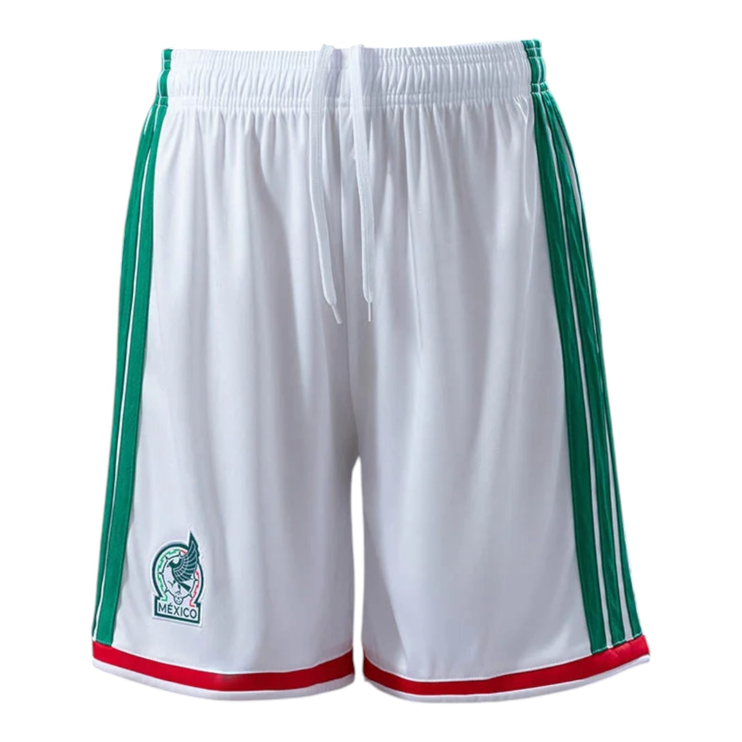 GOATkids white shorts with green and red trim, featuring the Mexico crest. Elasticated waistband with drawstring.