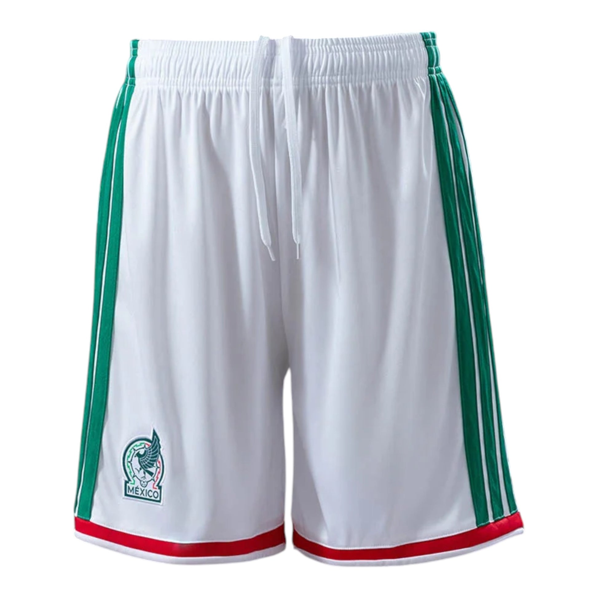 GOATkids white shorts with green and red trim, featuring the Mexico crest. Elasticated waistband with drawstring.
