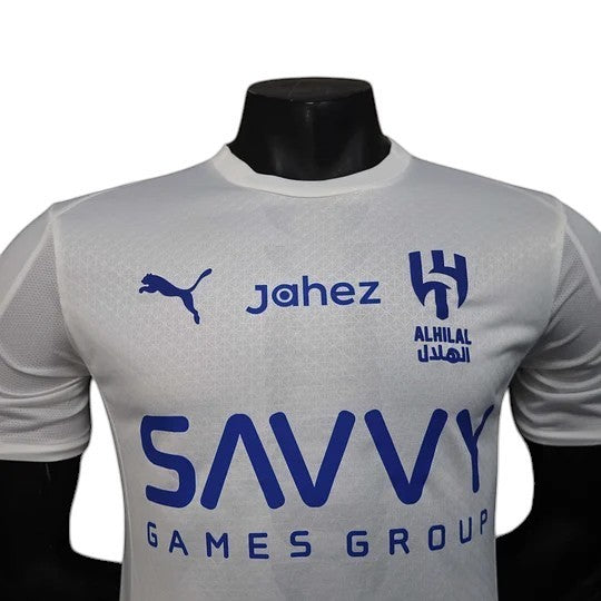 GOATkits white Al-Hilal 2025-26 player version football jersey with blue accents and sponsor logos.