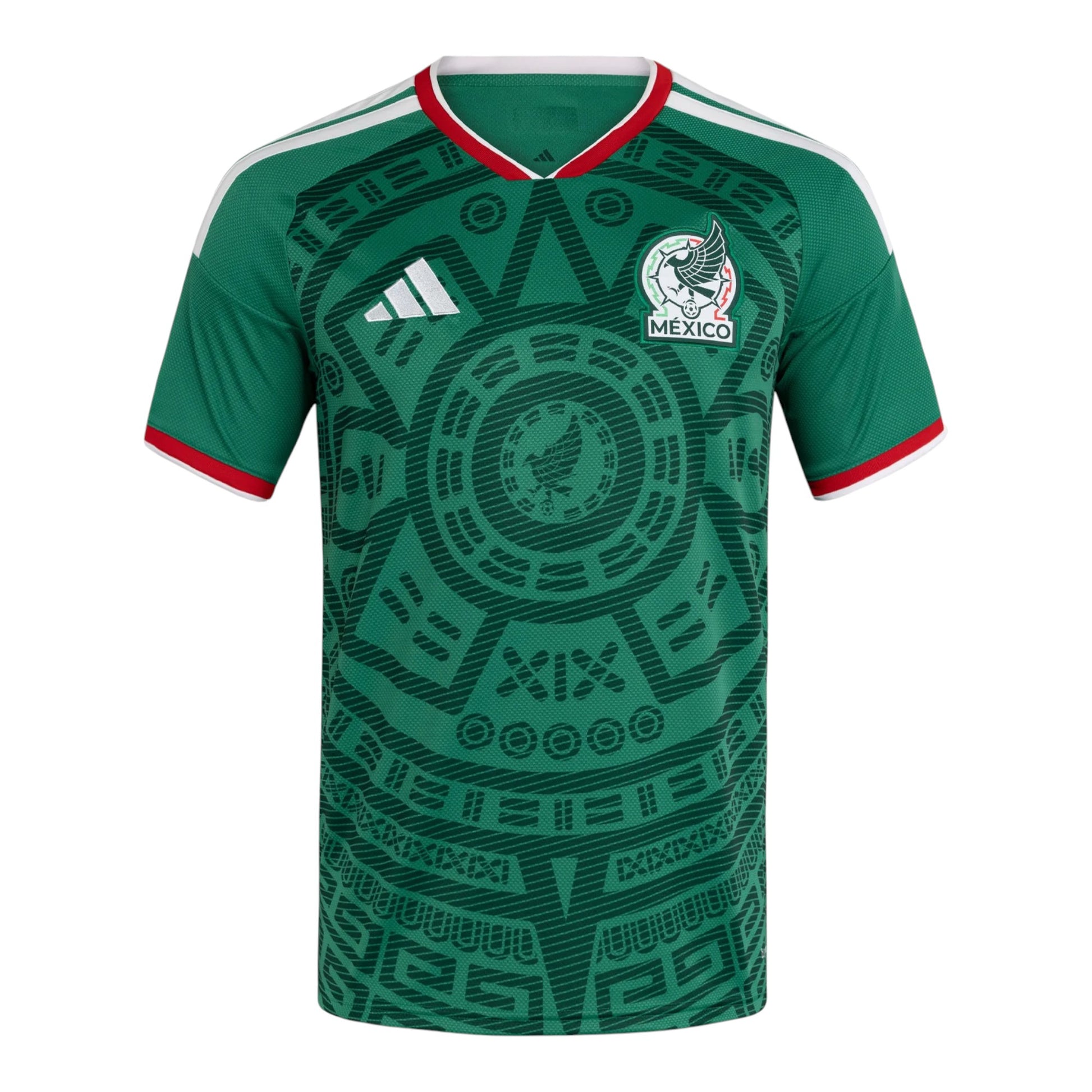GOATkits Mexico 2026 kids home jersey in green with Aztec-inspired patterns and red trim. Customizable.