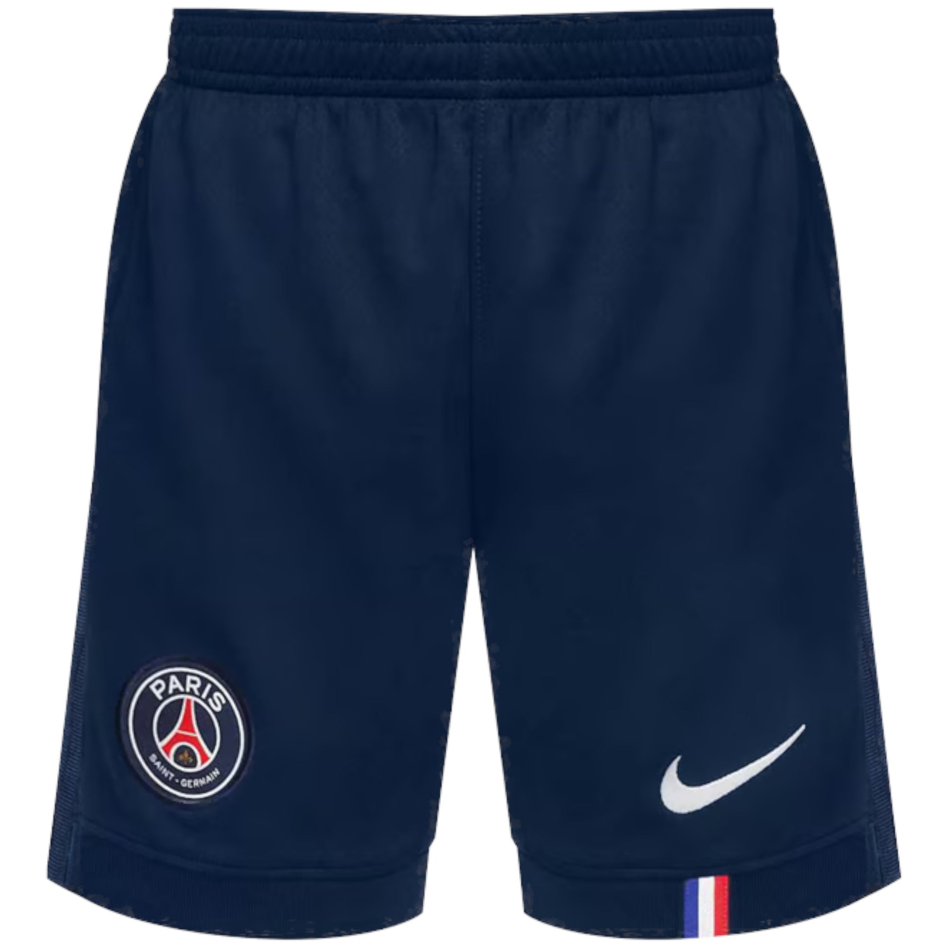GOATkits navy blue PSG 2025-26 kids football shorts with embroidered club crest and Nike swoosh logo.