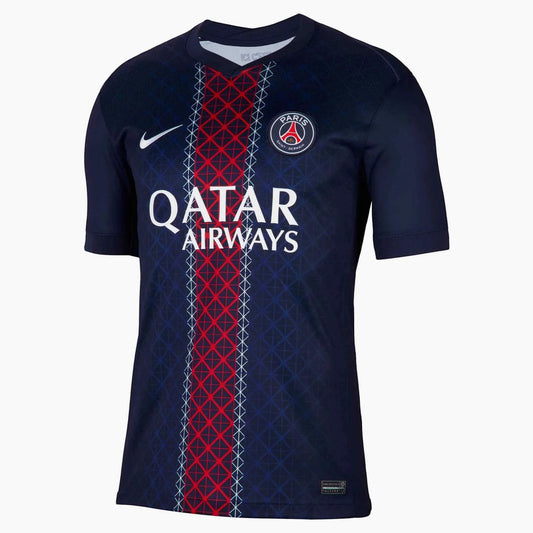 GOATkits navy blue PSG 2025-26 adult home jersey with Qatar Airways sponsor and red stripe detail.