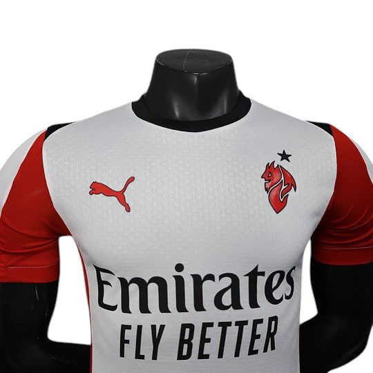 GOATkitz AC Milan 2025-26 white player version away jersey with red sleeves and black trim. Features Puma logo and AC Milan crest.