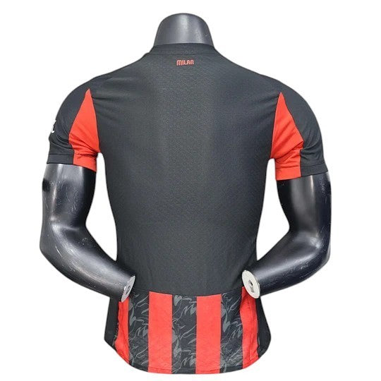 GOATkitz AC Milan 2025-26 player version home jersey, black with red accents and vertical stripes. Customizable.