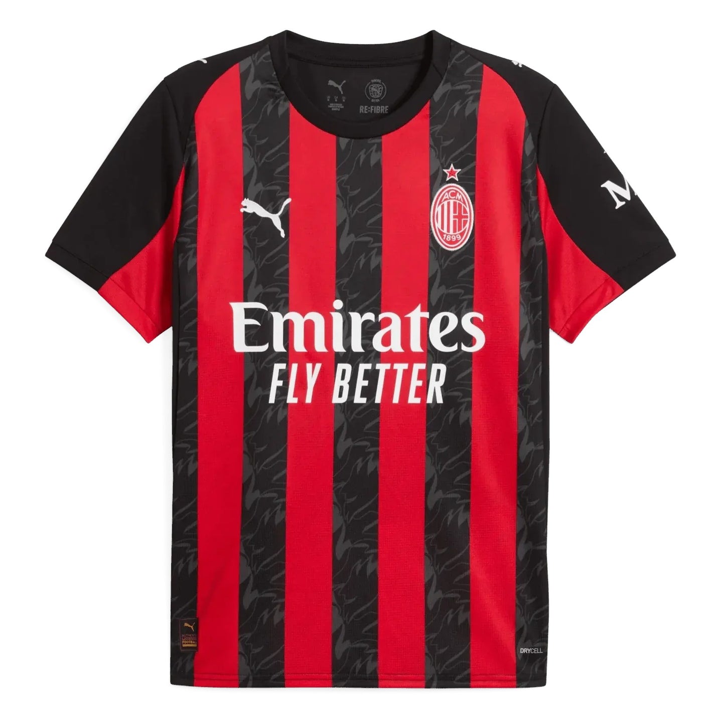 GOATkitz AC Milan 2025-26 adult home jersey with red and black vertical stripes, black sleeves, and Emirates Fly Better sponsor.