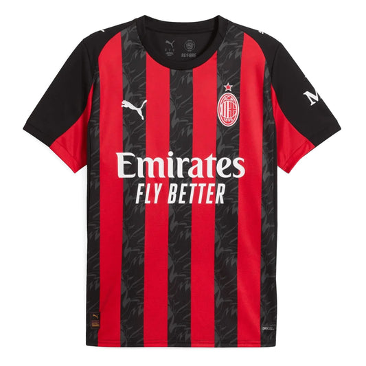 GOATkitz AC Milan 2025-26 adult home jersey with red and black vertical stripes, black sleeves, and Emirates Fly Better sponsor.