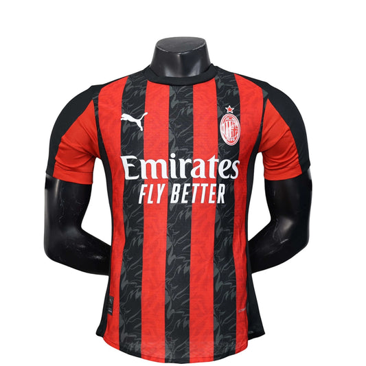GOATkitz AC Milan 2025-26 player version home jersey, red and black stripes, white Emirates Fly Better sponsor, Puma logo.