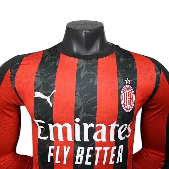 GOATkitz AC Milan 2025-26 player version long sleeve home jersey in red and black stripes with Emirates Fly Better sponsor.