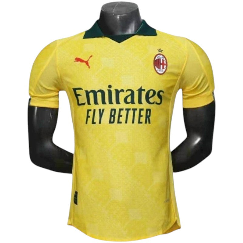 GOATkitz AC Milan 2025-26 yellow player version football jersey with green collar and Emirates Fly Better sponsor.