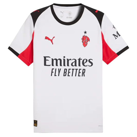 GOATkitz AC Milan 2025-26 white away jersey with red and black accents. Features Emirates Fly Better sponsor and Puma branding.
