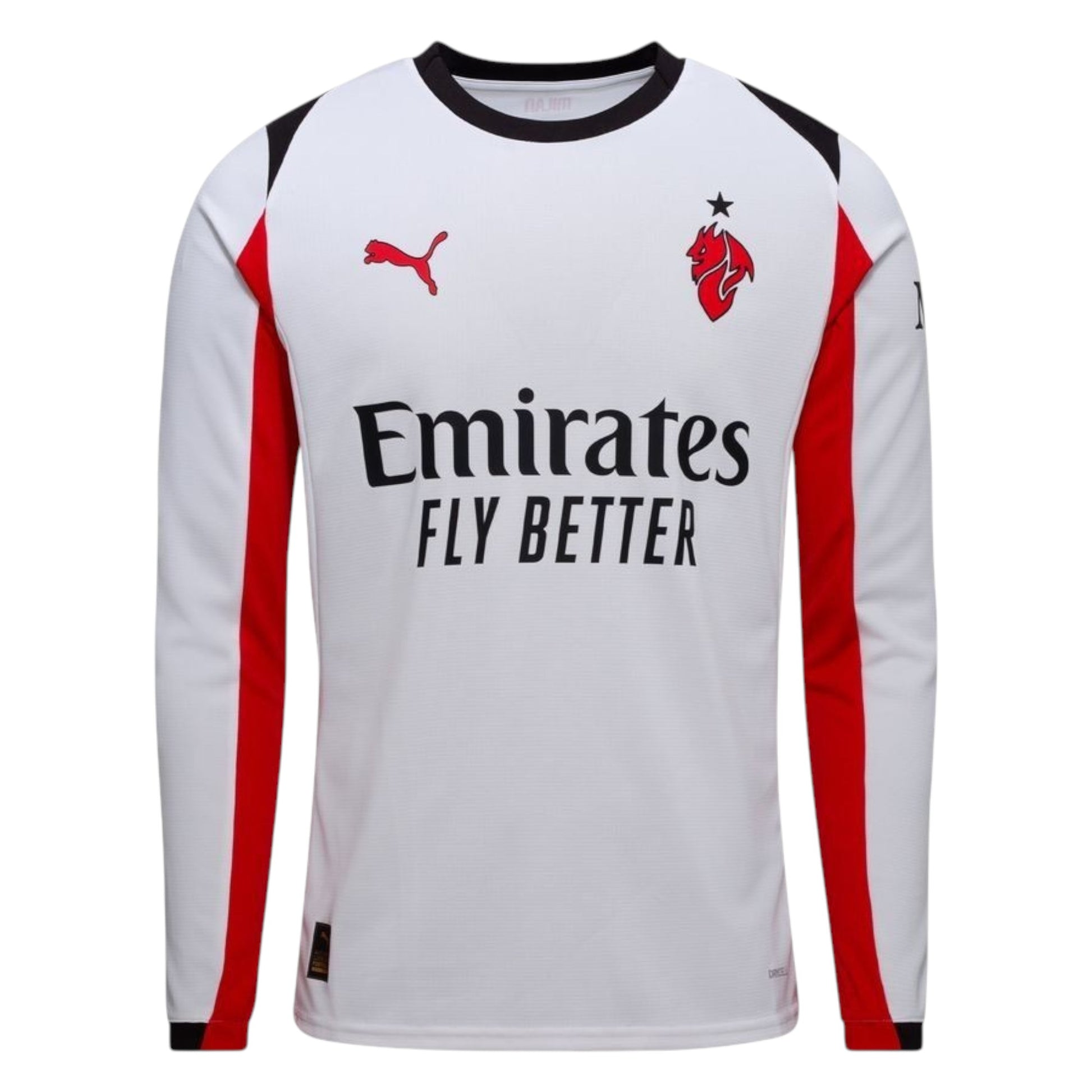 GOATkitz AC Milan 2025-26 adult away long sleeve jersey in white with red and black accents. Features Emirates Fly Better sponsor.