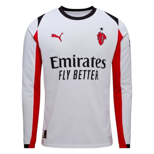 GOATkitz AC Milan 2025-26 adult away long sleeve jersey in white with red and black accents. Features Emirates Fly Better sponsor.