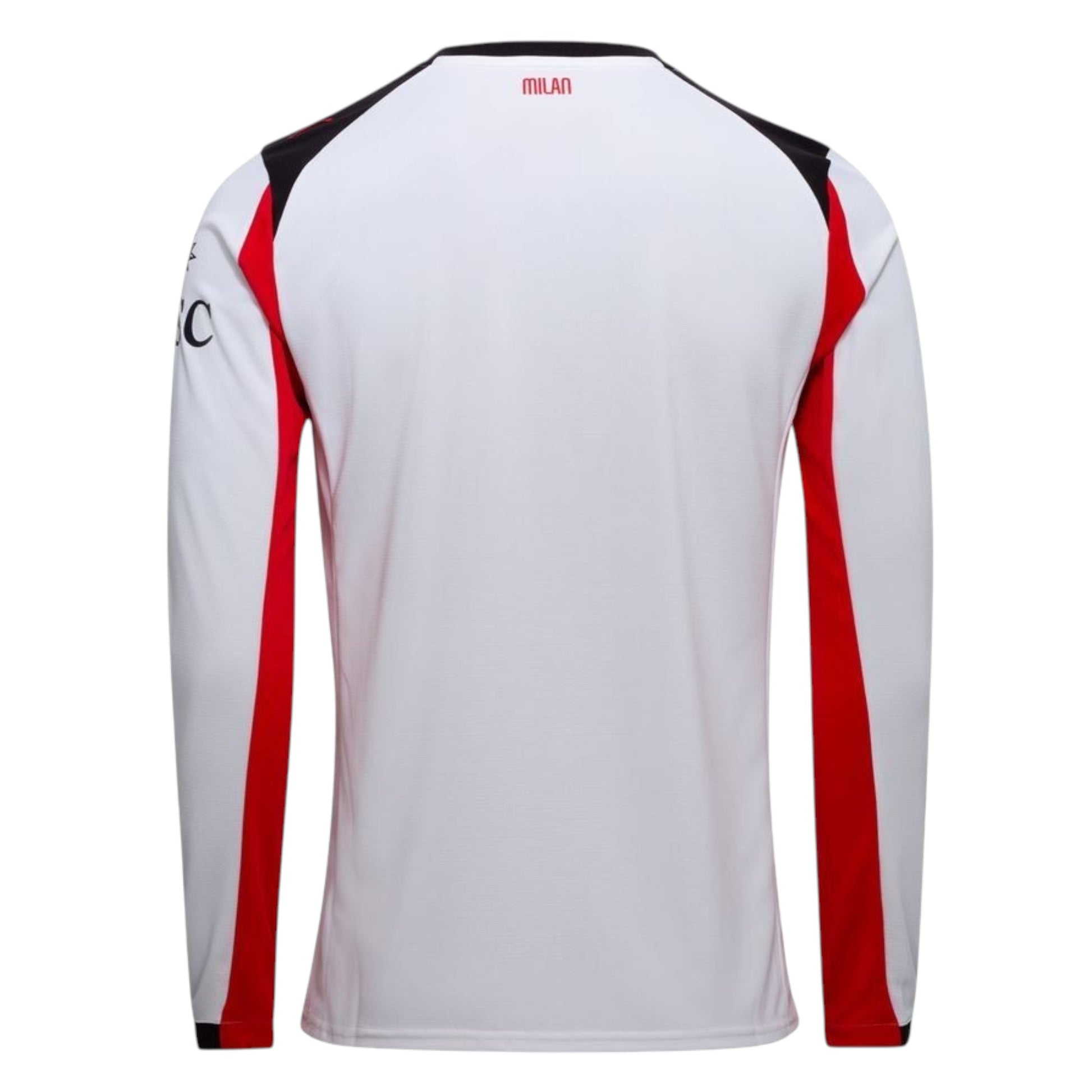 GOATkitz AC Milan 2025-26 adult away long sleeve jersey in white with red and black accents. Customizable.