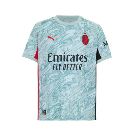 GOATkitz AC Milan 2025-26 grey goalkeeper jersey with abstract pattern, red accents, and Emirates Fly Better sponsor.