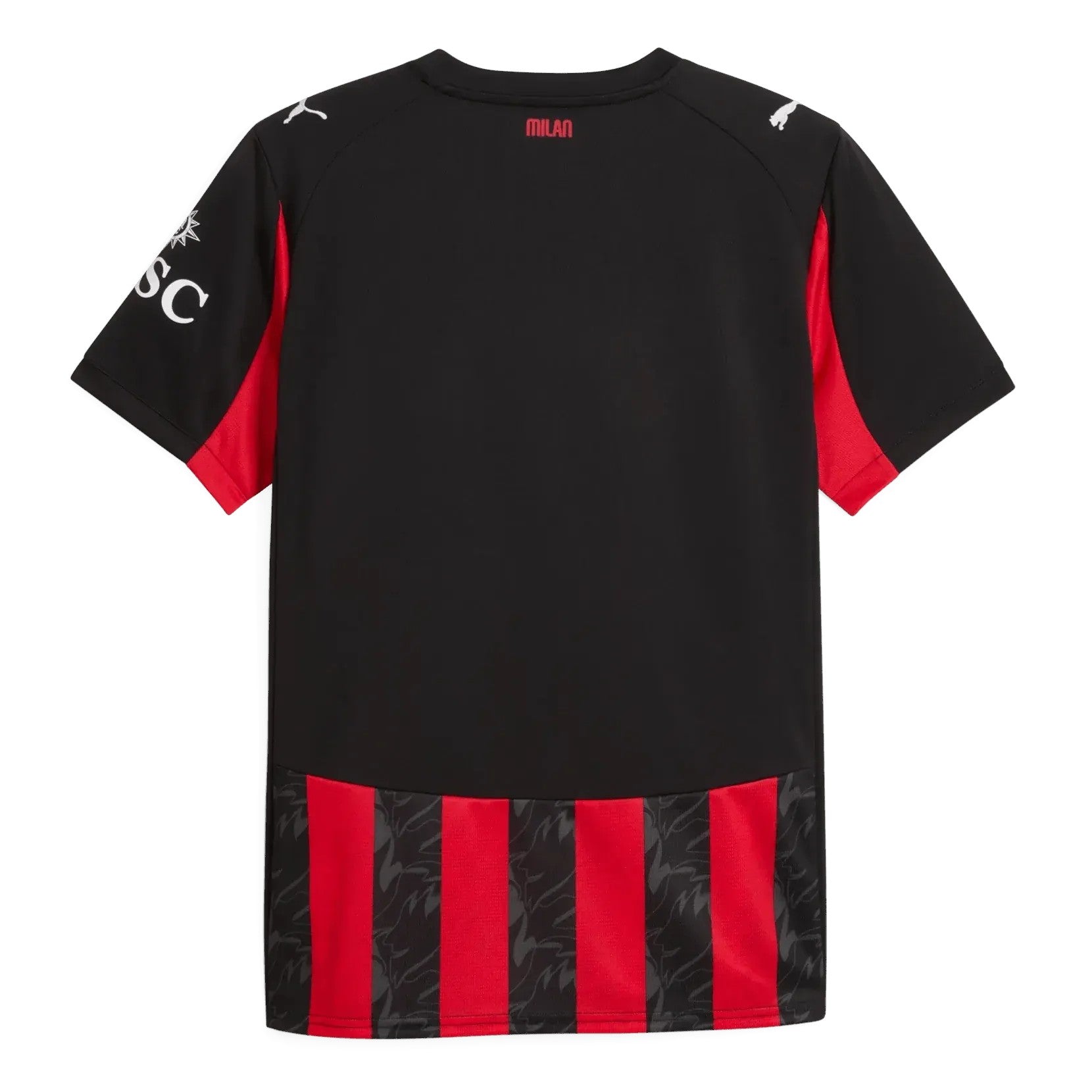 GOATkitz AC Milan 2025-26 adult home jersey, black with red accents and striped hem. Features Puma logo and 'MILAN' text.