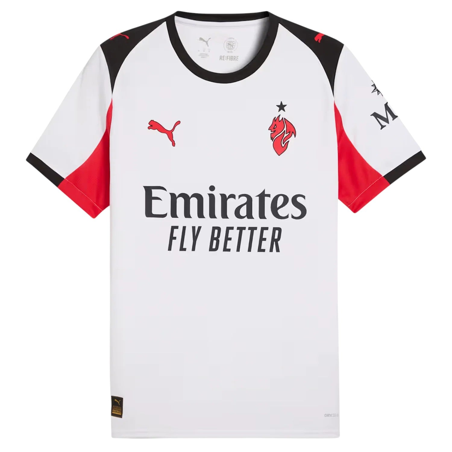 GOATkitz AC Milan 2025-26 kids away jersey in white with red and black accents. Features Emirates Fly Better sponsor.